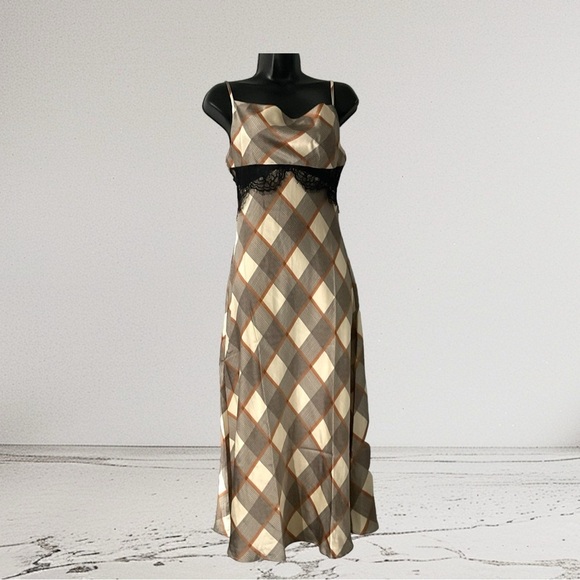 Forever 21 Plaid Satin Slip Lace Trim Cowl Neck Cami Strap Cream Gray Dress SZ S - Picture 1 of 9
